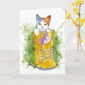 ハイキングブーツの子猫 カード (黄色い花)