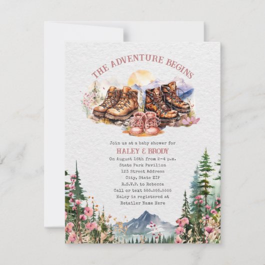 ハイキングブーツアドベンチャーピンクガールベビーシャワー 招待状 (正面)