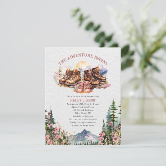 ハイキングブーツアドベンチャーピンクガールベビーシャワー 招待状 (スタンド正面)