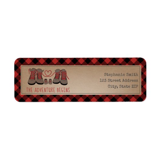 ハイキングブーツバッファロープレイドアドベンチャーベビーシャワー ラベル (正面)