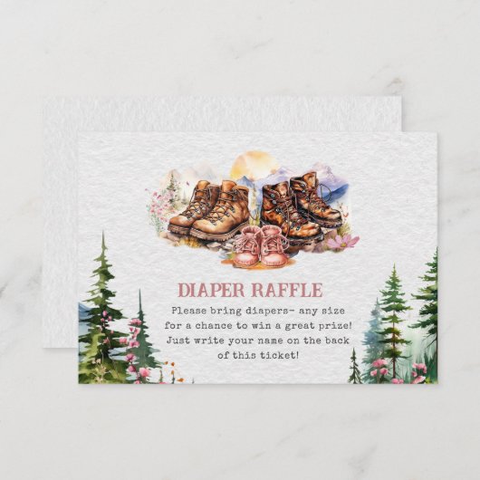 ハイキングブーツピンクの女の子ベビーシャワーおむつラッフル エンクロージャーカード (正面/裏面)