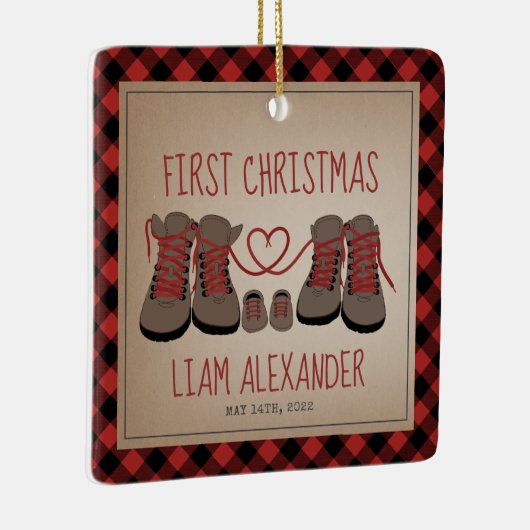 ハイキングブーツベビー初めてのクリスマスプレイド セラミックオーナメント (右)