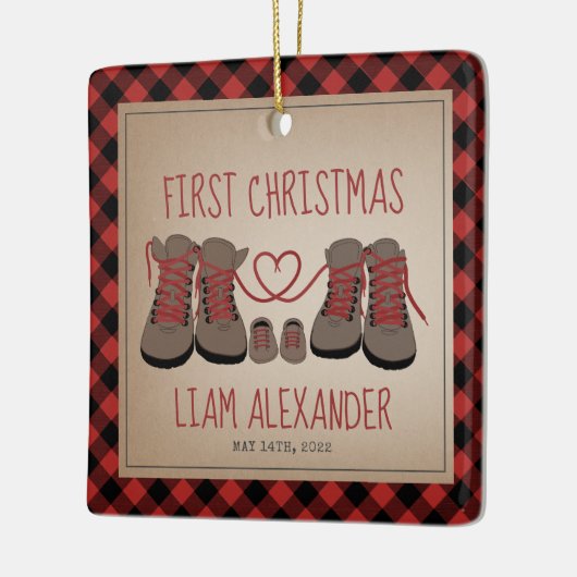 ハイキングブーツベビー初めてのクリスマスプレイド セラミックオーナメント (左)