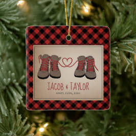 ハイキングブーツ初めてのクリスマス結婚した婚約した セラミックオーナメント