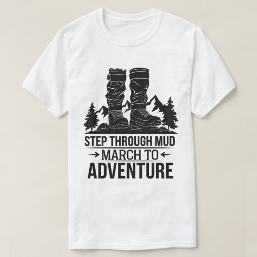 ハイキングブーツ 山の冒険 アウトドア 引用 Tシャツ (デザイン正面)