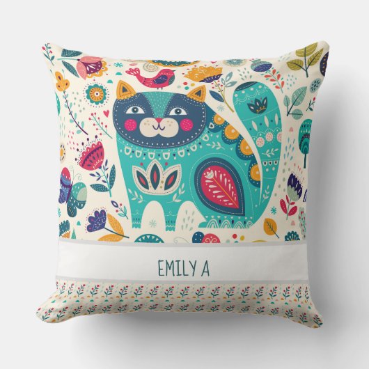 ハイゲデコパーソナライズされたールキャットフォークアートギフト クッション (正面)