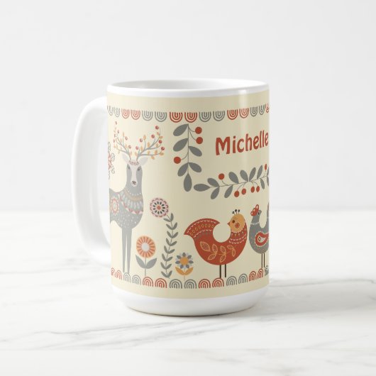 ハイゲフォークアートアニマルズ名前をカスタムする コーヒーマグカップ (正面左)