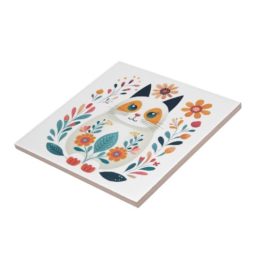 ハイゲホワイトフラワーキャットスカンジナビアフォークアート タイル (側面)