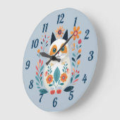 ハイゲホワイトフラワーキャットフォークアート ラージ壁時計 (傾斜)
