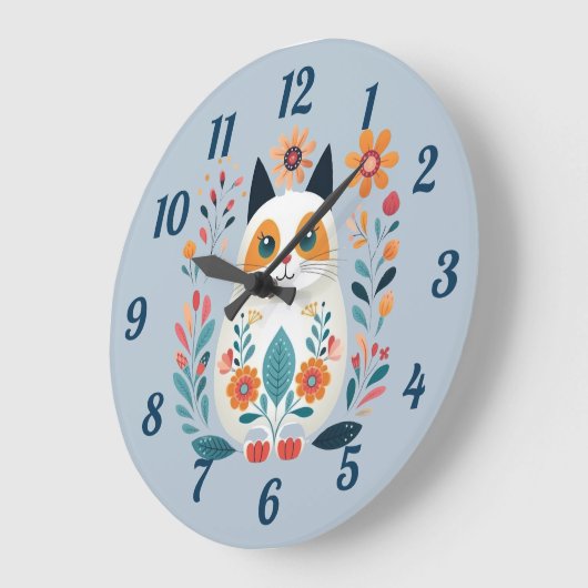 ハイゲホワイトフラワーキャットフォークアート ラージ壁時計 (傾斜)