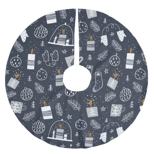 ハイジダークブルーの白い居心地の良いロウソクが贈り物をミトン ブラッシュドポリエステルツリースカート (正面)