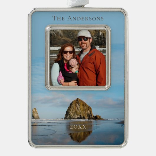 ハイスタックロックファミリーフォトキャノンビーチクリスマス シルバープレートフレームオーナメント (正面)