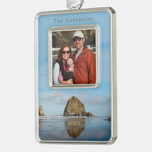 ハイスタックロックファミリーフォトキャノンビーチクリスマス シルバープレートフレームオーナメント (左)