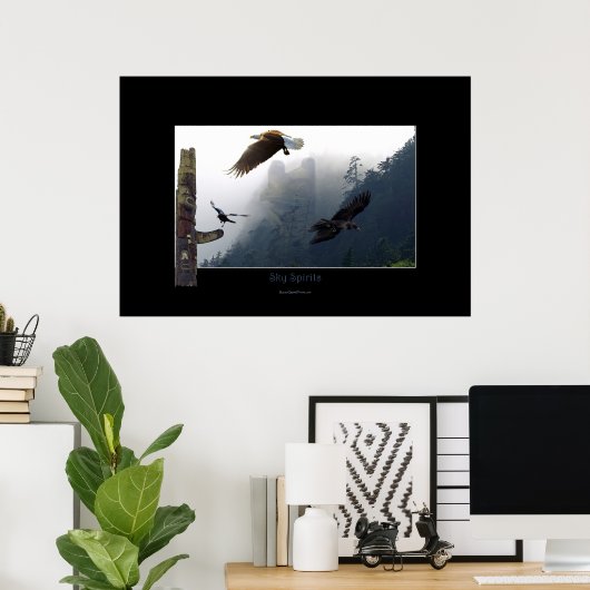 ハイダアートをテーマにしたレイヴン、イーグル&トーテムポール ポスター (ホームオフィス)