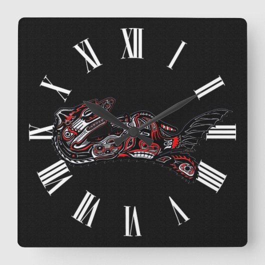 ハイダスタイルマザーオッターとベビーオッター先住民アート スクエア壁時計 (正面)