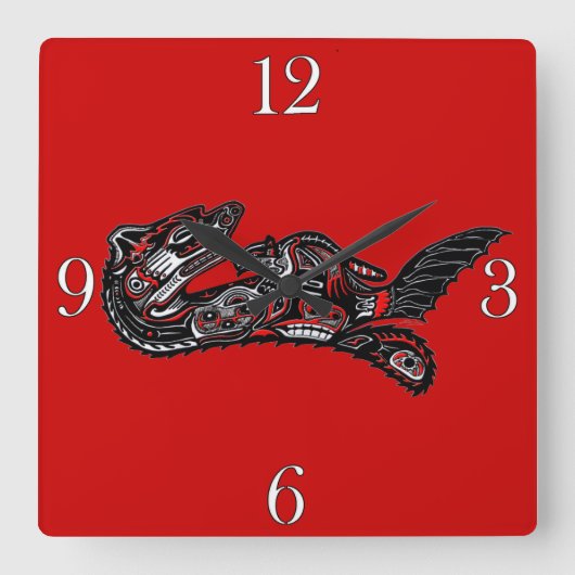 ハイダスタイルマザーオッターとベビーオッター先住民アート スクエア壁時計 (正面)