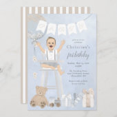 ハイチェアの水彩最初の誕生日ベビー 招待状 (正面/裏面)