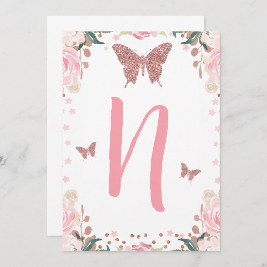 ハイチェアピンクバタフライ1stバースデーレター2 招待状 (正面/裏面)