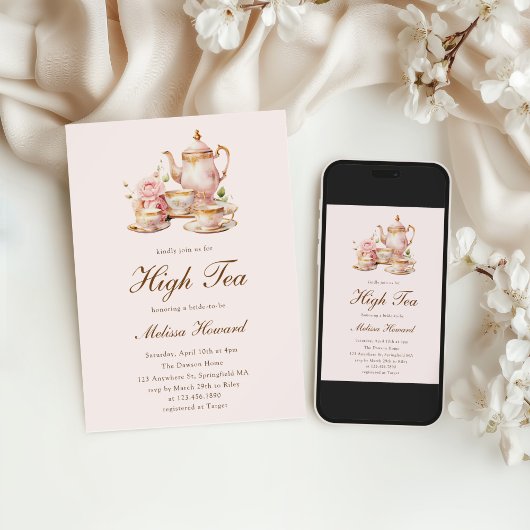ハイティーパステルピンクゴールドのブライダルシャワー 招待状