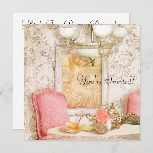 ハイティーパーティの招待状。みすぼらしいシックビクトリアンな。 招待状 (正面/裏面)