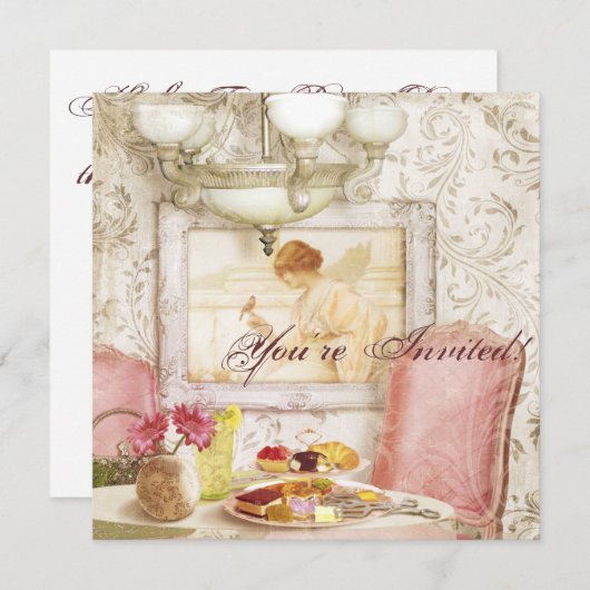 ハイティーパーティの招待状。みすぼらしいシックビクトリアンな。 招待状 (正面/裏面)