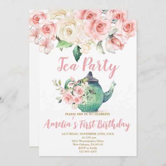 ハイティーファースト誕生日パルティー誕生日 招待状 (正面/裏面)