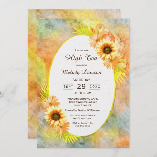 ハイティーブライダルシャワーエレガント素朴ひまわり 招待状 (正面/裏面)
