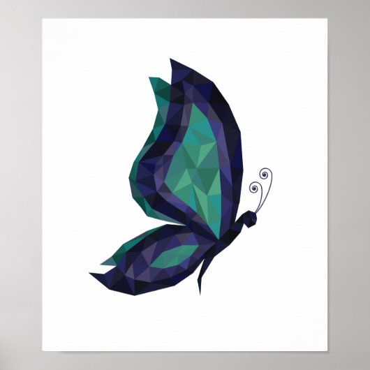 ハイテク蝶、幾何学的な青の緑のローポリ ポスター (正面)