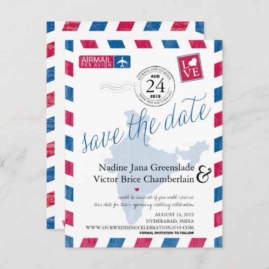 ハイデラバード、インド航空便の結婚式の日付を保存 案内ポストカード (正面/裏面)
