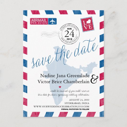 ハイデラバード、インド航空便の結婚式の日付を保存 案内ポストカード (正面)
