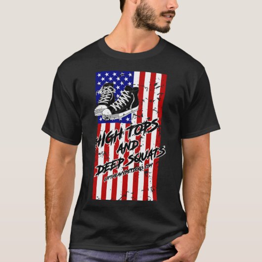 ハイトップスと深いスクエア重量挙げスニーカー Tシャツ (正面)