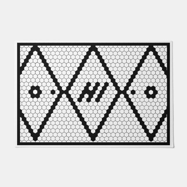 ハイトレンディーフェイクタイル白黒 ドアマット (正面)