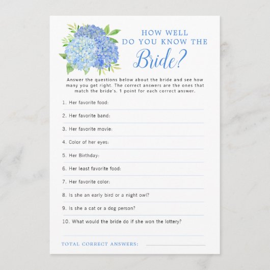 ハイドレアジアルーブルー花のブライダルシャワーゲーム 招待状 (正面)