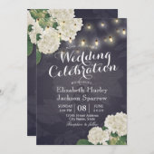 ハイドレンジアの花のストリングライト ネイビーブルー ウェディング 招待状 (正面/裏面)