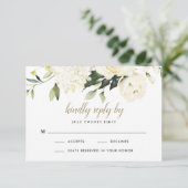 ハイドレンジア エレガント ホワイト ゴールド ローズ フラワー ウェディング 出欠カード (スタンド正面)