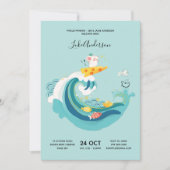 ハイハイ、歩く、サーフィン ウェーブ ラット/マウス 十二支 赤ちゃん 招待状 (正面)