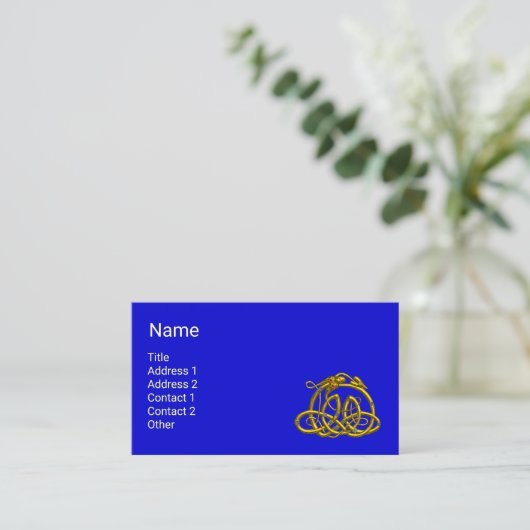 ハイパードラゴンと金ゴールドケルト結び目模様ブルーファンタジー 名刺 (スタンド正面)
