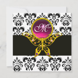 ハイパーバタフライモノグラム、ブラックアンドホワイトのダマスク、ピンク 招待状