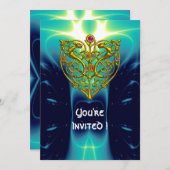 ハイパーバレンタイン/ゴールドケルトハート  鮮やかなアクアブルー 招待状 (正面/裏面)