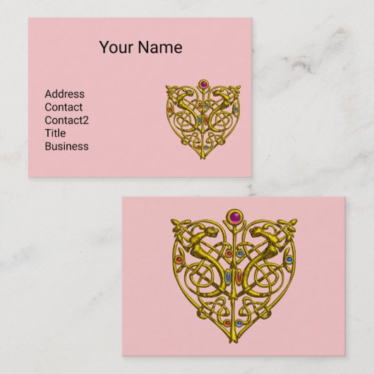 ハイパーバレンタイン、ピンクの金ゴールドケルト結び目模様ハート宝石 名刺 (正面/裏面)