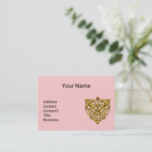ハイパーバレンタイン、ピンクの金ゴールドケルト結び目模様ハート宝石 名刺 (スタンド正面)