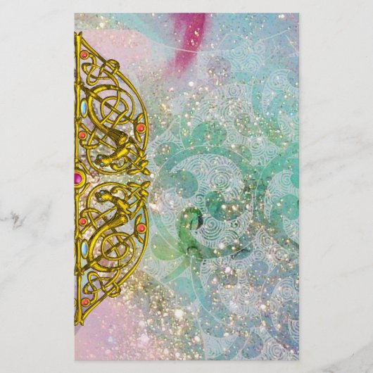 ハイパーバレンタイン/金ゴールドケルトハート、青いきらめき 便箋 (正面)