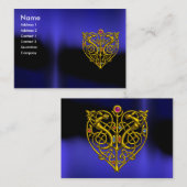 ハイパーバレンタイン、金ゴールドケルト結び目模様ハートジュエルブルー 名刺 (正面/裏面)