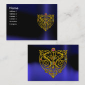 ハイパーバレンタイン、金ゴールドケルト結び目模様ハートジュエルブルー 名刺 (正面/裏面)
