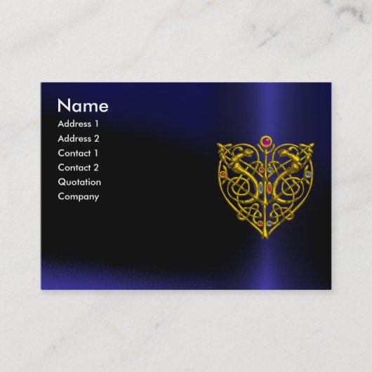 ハイパーバレンタイン、金ゴールドケルト結び目模様ハートジュエルブルー 名刺 (正面)