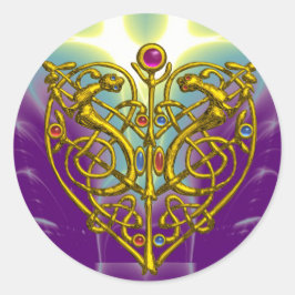 ハイパーバレンタイン/金ゴールドケルト結び目模様ハート（紫） ラウンドシール