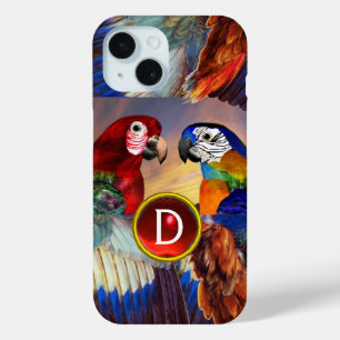 ハイパー・パロッツ/赤と青のARA GEMSTONE MONOGRAM iPhone 15ケース