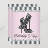 ハイヒールかわいらしシューズピンクヒョウ誕生日パーティー 招待状 (正面/裏面)