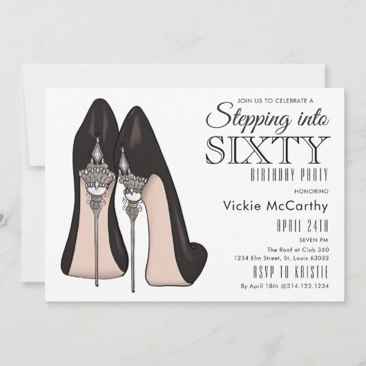 ハイヒールが60歳の誕生日パーティーに足を踏み入れる 招待状 (正面)