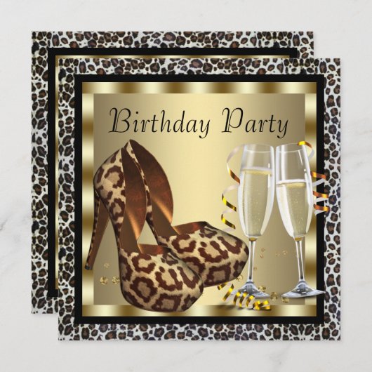 ハイヒールとコクテールとレオパードの女性の誕生日 招待状 (正面/裏面)